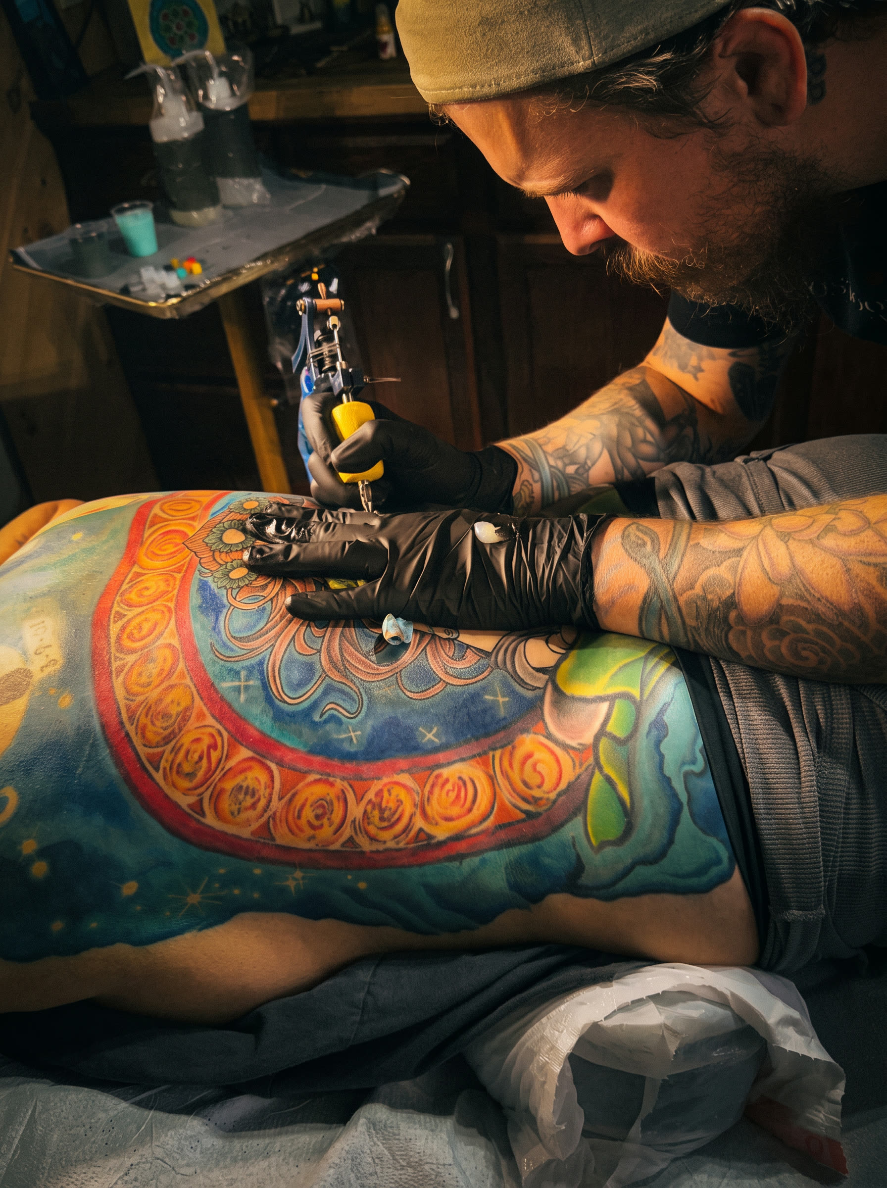 Kocha tattooing a large colorful back piece at Aroostook Ancient Art